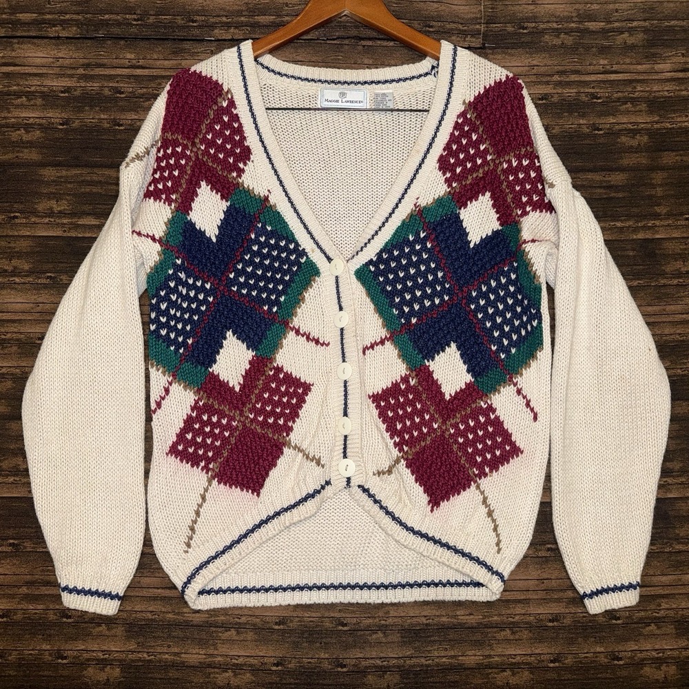 Vintage Maggie Lawrence Cardigan Knit Sweater Size M White Green Red